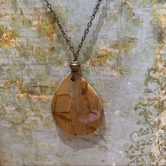 Hand crafted Large Tear Drop Jasper Necklace with Brass Chain 22” long - Picture 1 of 9